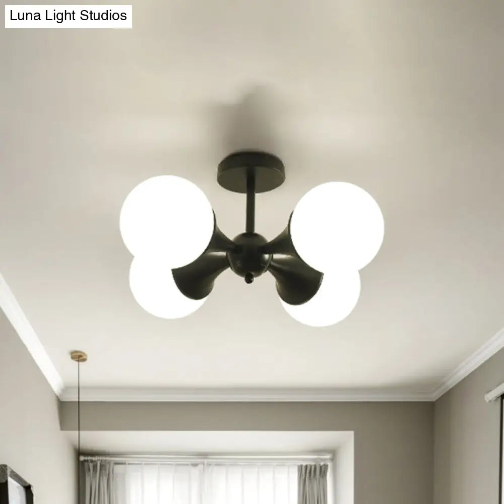 Modernist Flush Ceiling Lamp With Black Finish 4-Bulb Semi Mount Lighting And Milk White Glass