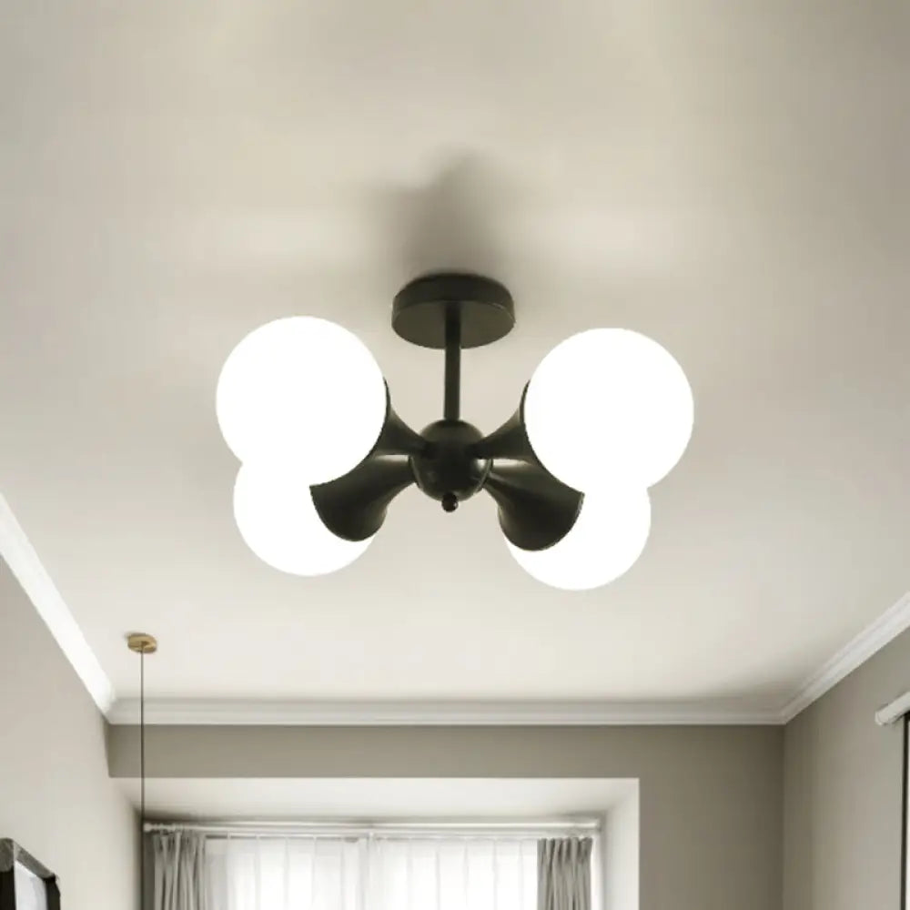 Modernist Flush Ceiling Lamp With Black Finish 4 - Bulb Semi Mount Lighting And Milk White Glass