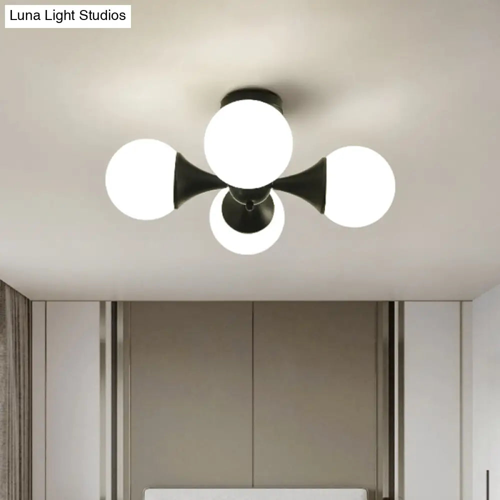 Modernist Flush Ceiling Lamp With Black Finish 4 - Bulb Semi Mount Lighting And Milk White Glass