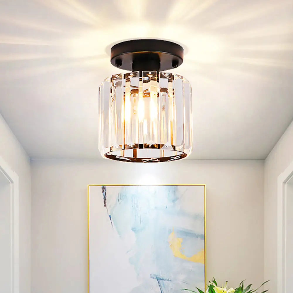 Modernist Flush Mount Ceiling Lamp: Clear Glass Cylinder Black Fixture For Corridor