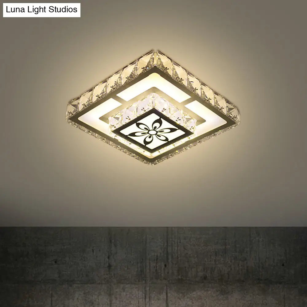 Modernist Flush Mount Led Crystal Ceiling Light In White With Flower Pattern Warm/White / Square