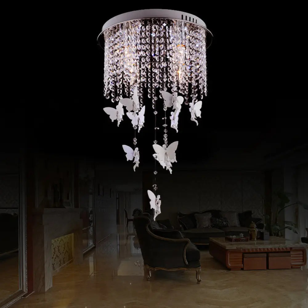 Modernist Flushmount Ceiling Light - Silver Round Cascading Glass Crystals 5/8/10 Lights