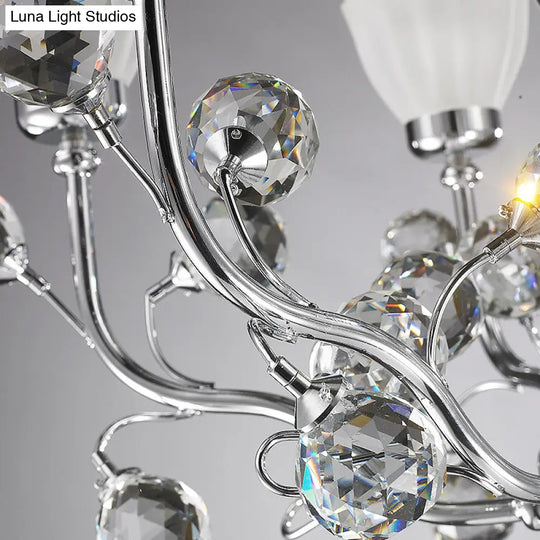 Modernist Frosted Glass 6-Light Conic Chandelier With Crystal Ball Pendant In Polished Chrome