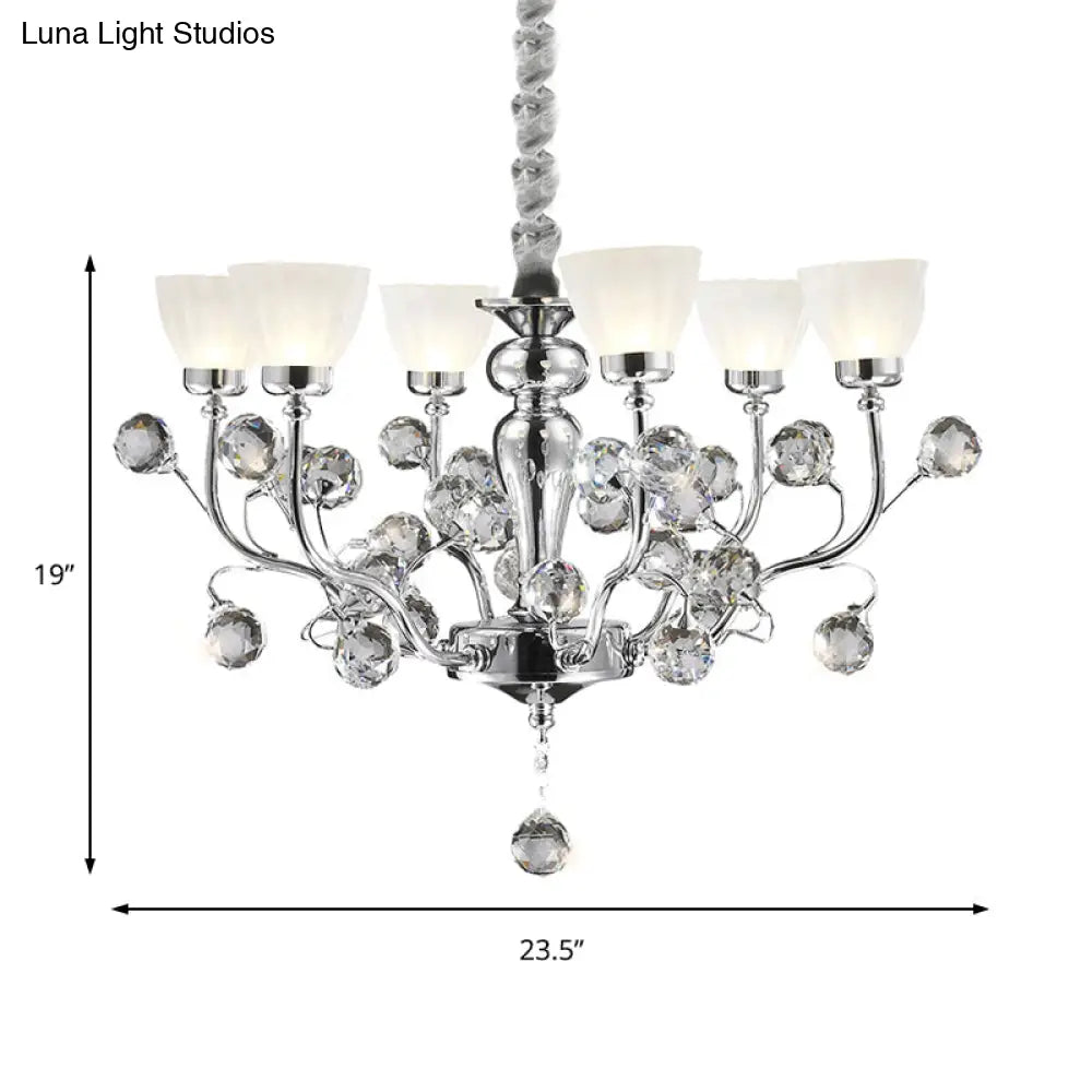 Modernist Frosted Glass 6-Light Conic Chandelier With Crystal Ball Pendant In Polished Chrome