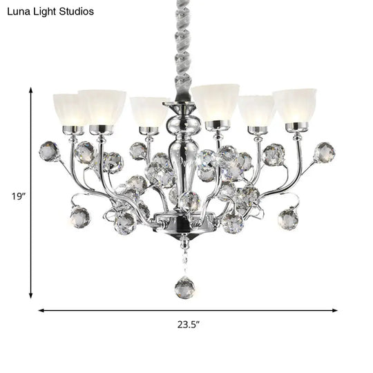 Modernist 6-Light Frosted Glass Chandelier With Crystal Ball Accent - Polished Chrome Pendant