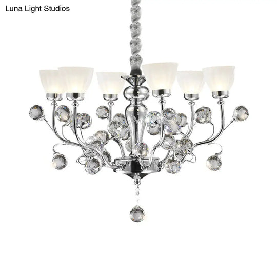 Modernist 6-Light Frosted Glass Chandelier With Crystal Ball Accent - Polished Chrome Pendant