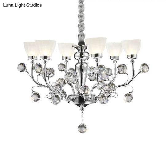 Modernist Frosted Glass 6-Light Conic Chandelier With Crystal Ball Pendant In Polished Chrome