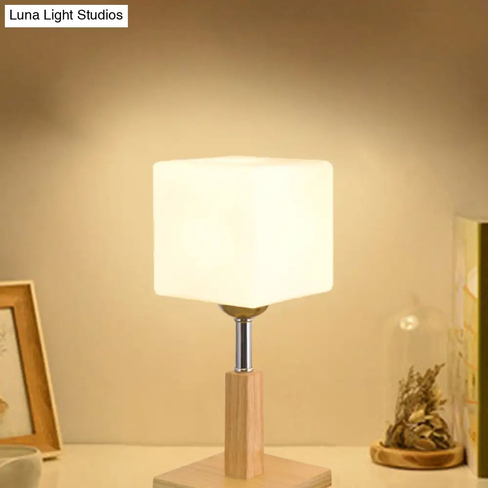 Modernist Frosted Glass Night Table Light - Globe/Cylinder/Square Design Wood Lamp For Bedside