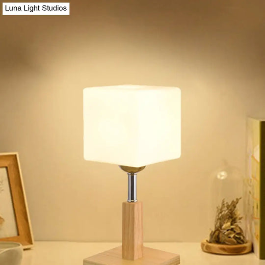 Modernist Frosted Glass Night Table Light - Globe/Cylinder/Square Design Wood Lamp For Bedside