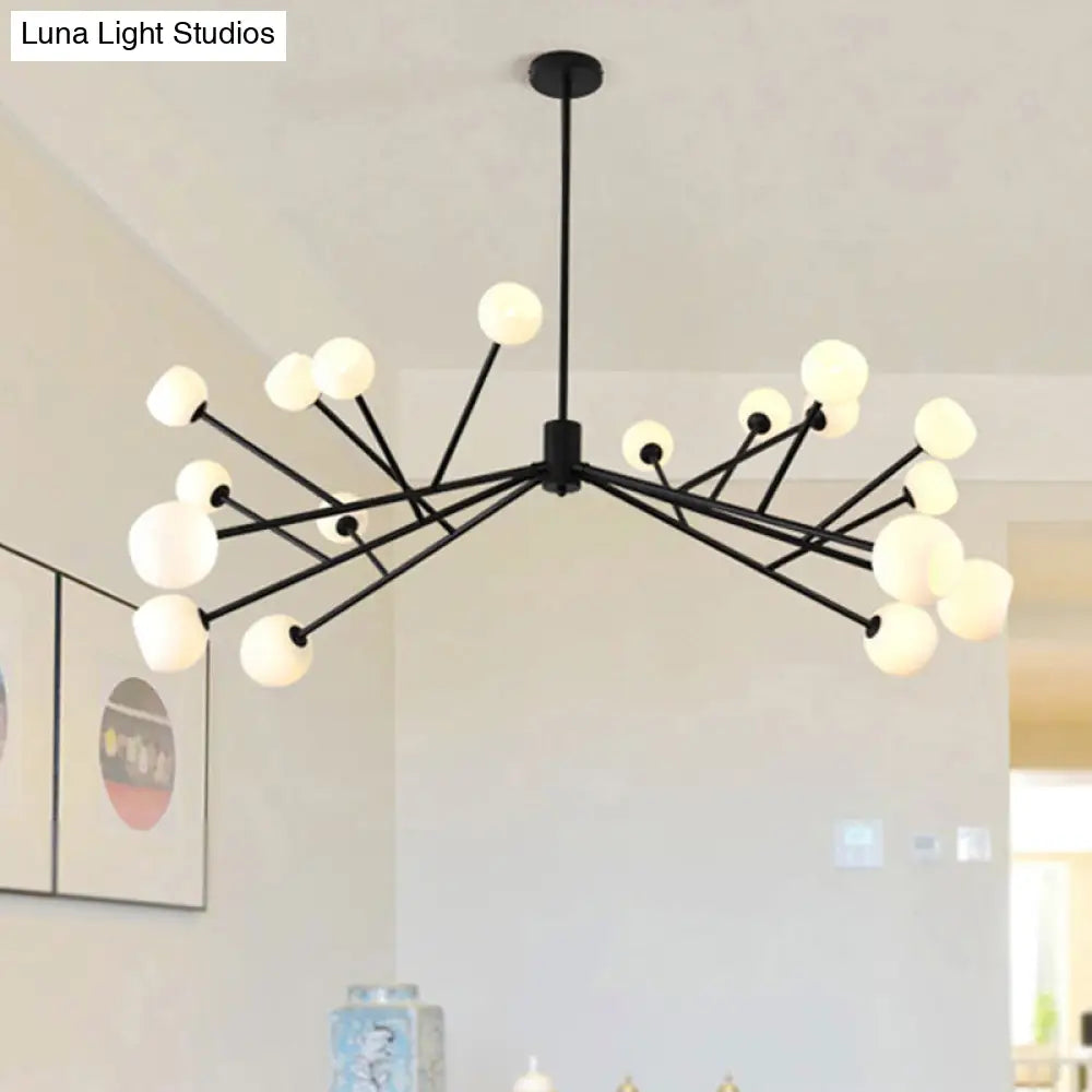 Modernist Frosted Glass Pendant Light - Elegant 18-Light Black Branch Chandelier For Living Room