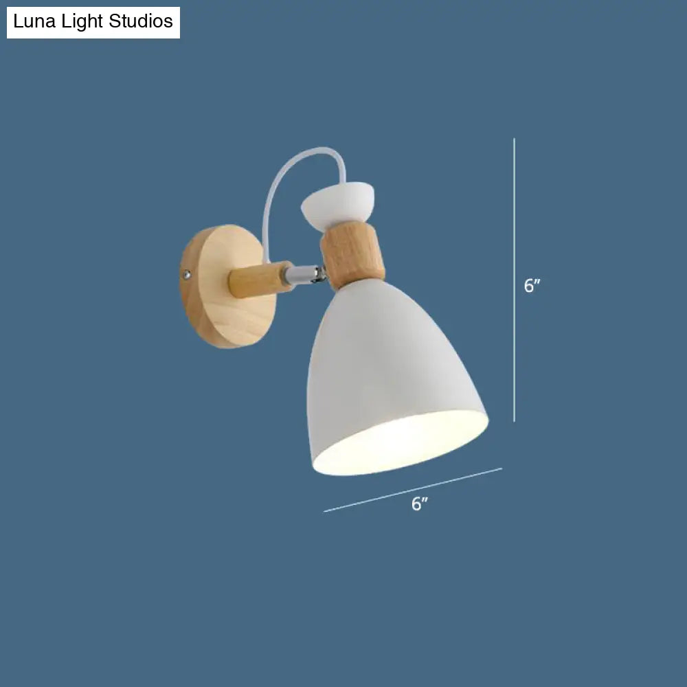 Modernist Geometry Single Head Wall Light - White Iron Fixture With Round Wood Backplate