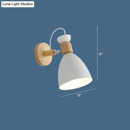 Modernist Geometry Single Head Wall Light - White Iron Fixture With Round Wood Backplate