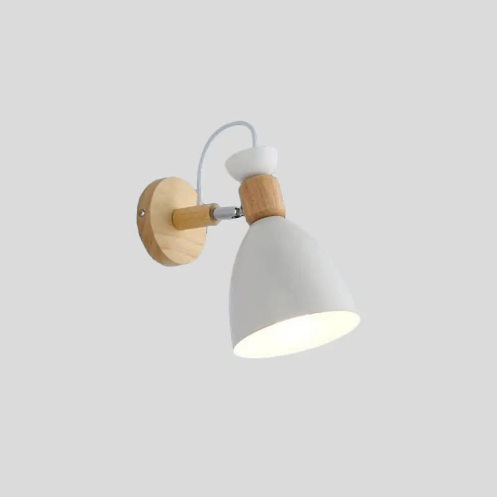 Modernist Geometry Single Head Wall Light - White Iron Fixture With Round Wood Backplate / B