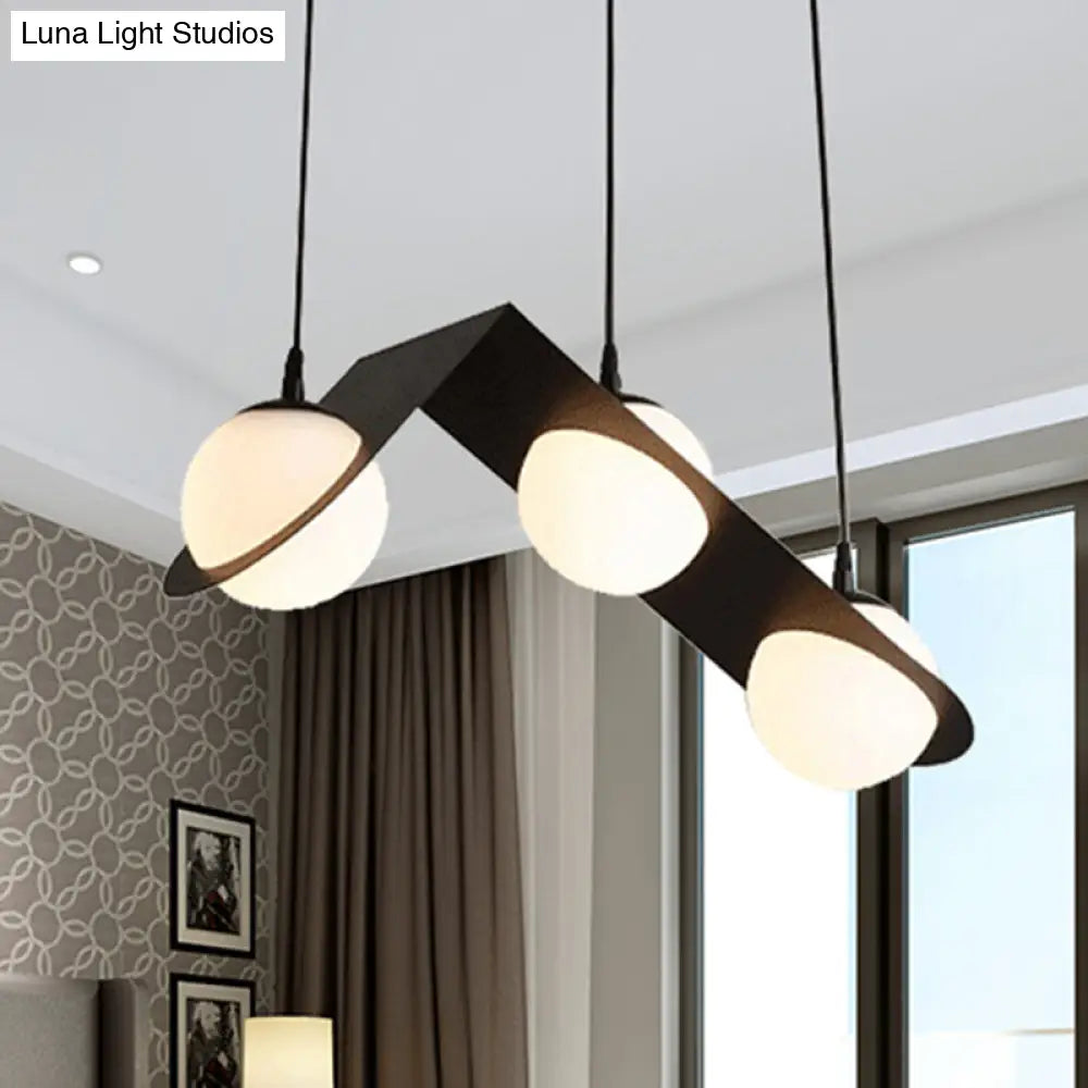 Modernist Ball White Glass Cluster Pendant Light - Straight/Curved Design 2/3 Lights Black Led