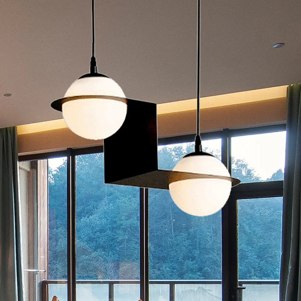 Modernist Glass Cluster Pendant Light With 2/3 White Ball Shades And Black Led Hanging 2 / Curved