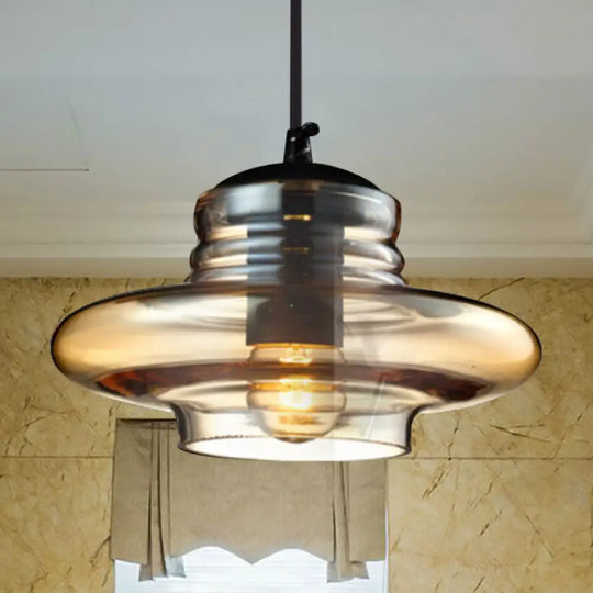 Modernist Glass Pendant Light Fixture - Bowl/Cylindrical/Saucer Shape Clear/Amber Ruffle Black