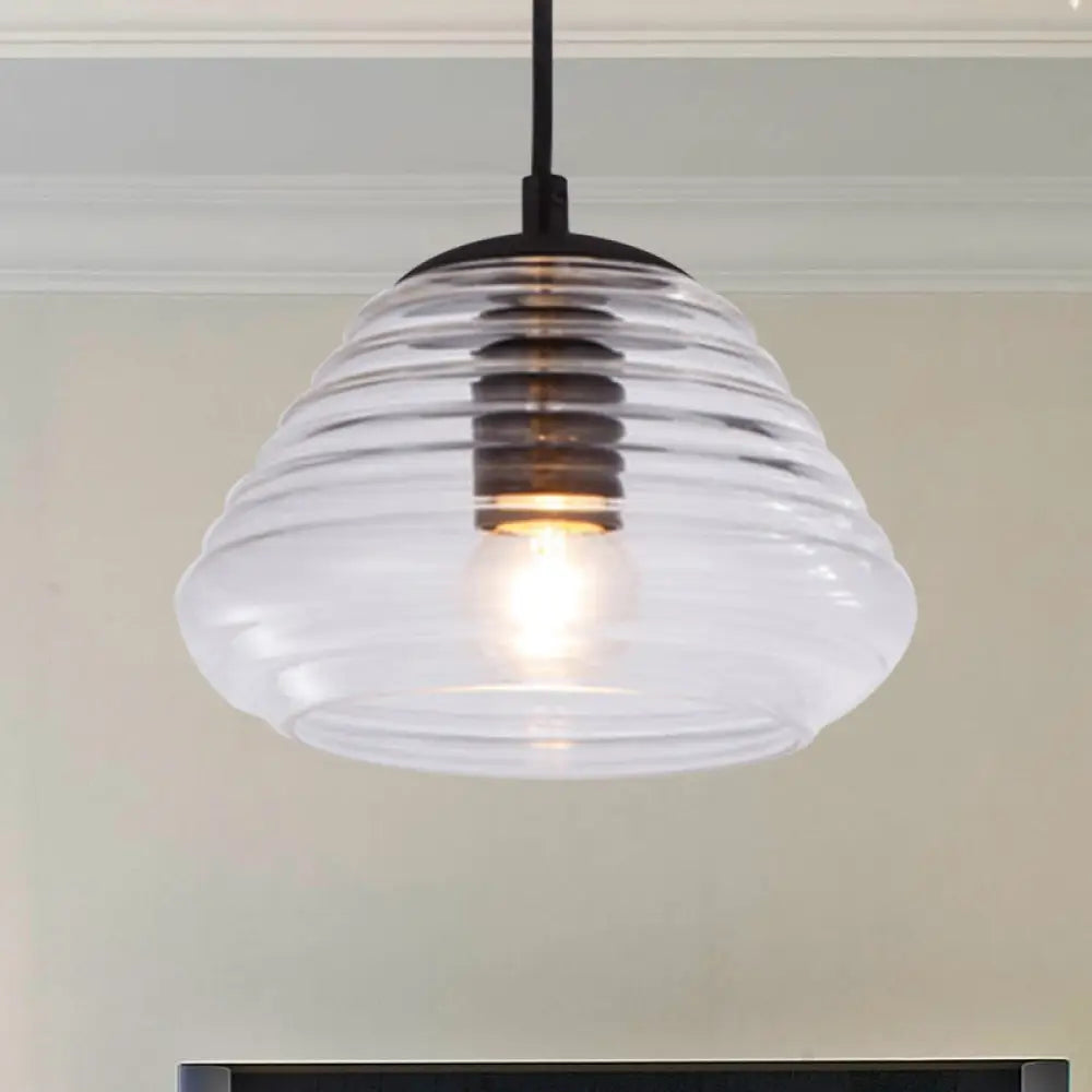 Modernist Glass Pendant Light Fixture - Bowl/Cylindrical/Saucer Shape Clear/Amber Ruffle Black