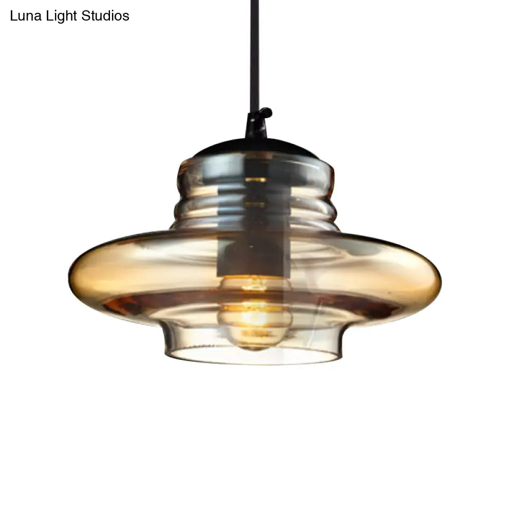 Modernist Glass Pendant Light Fixture - Bowl/Cylindrical/Saucer Shape Clear/Amber Ruffle Black