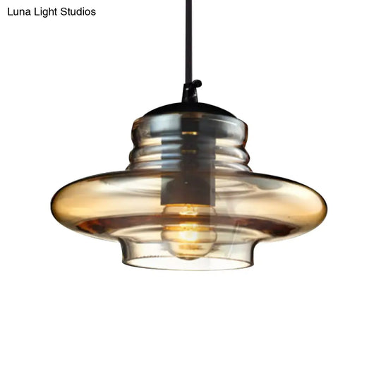 Modernist Glass Pendant Light Fixture - Bowl/Cylindrical/Saucer Shape Clear/Amber Ruffle Black