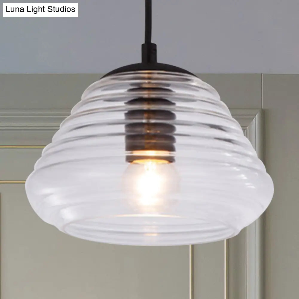 Modernist Glass Pendant Light Fixture - Bowl/Cylindrical/Saucer Shape Clear/Amber Ruffle Black