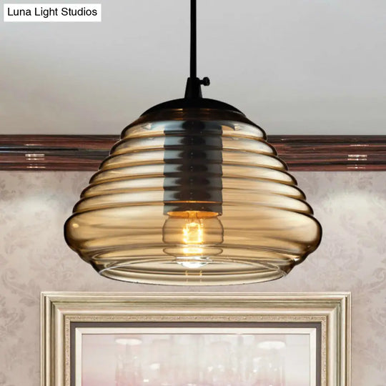 Modernist Glass Pendant Light Fixture - Bowl/Cylindrical/Saucer Shape Clear/Amber Ruffle Black