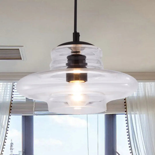 Modernist Glass Pendant Light Fixture - Bowl/Cylindrical/Saucer Shape Clear/Amber Ruffle Black