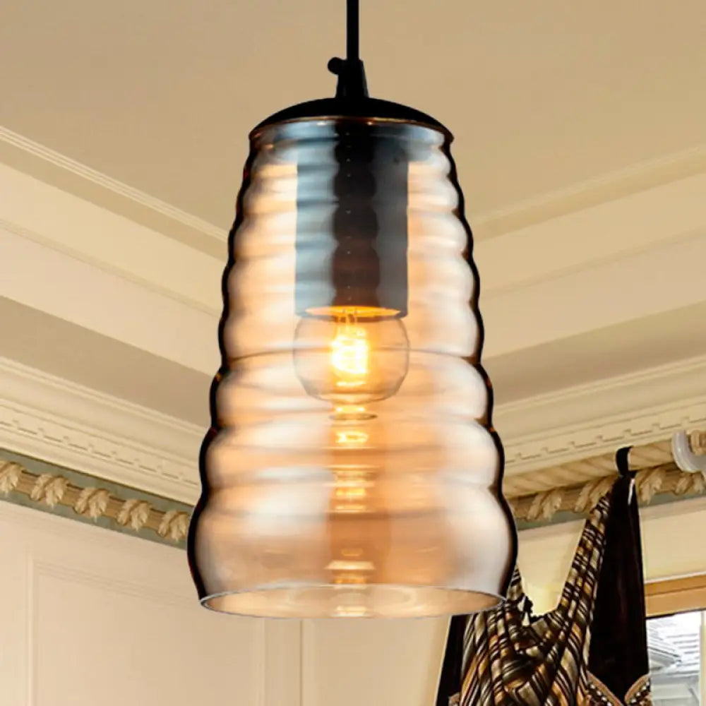 Modernist Glass Pendant Light Fixture - Bowl/Cylindrical/Saucer Shape Clear/Amber Ruffle Black