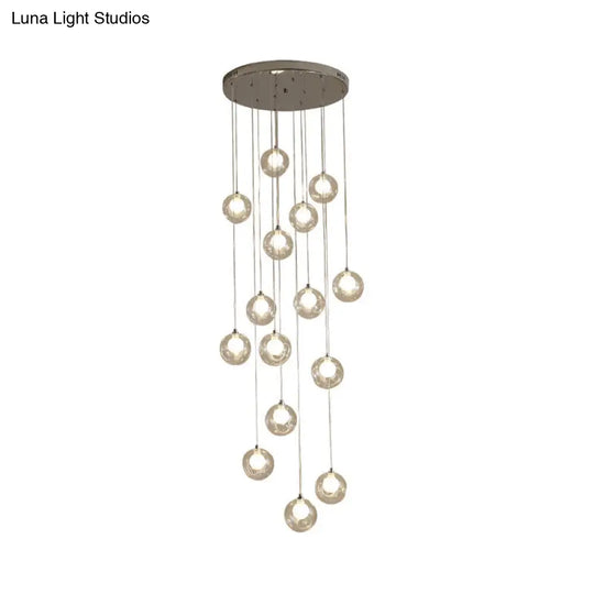 Modernist Ball Clear Dimpled Glass Multi Lamp Pendant With 16 Hanging Heads - White