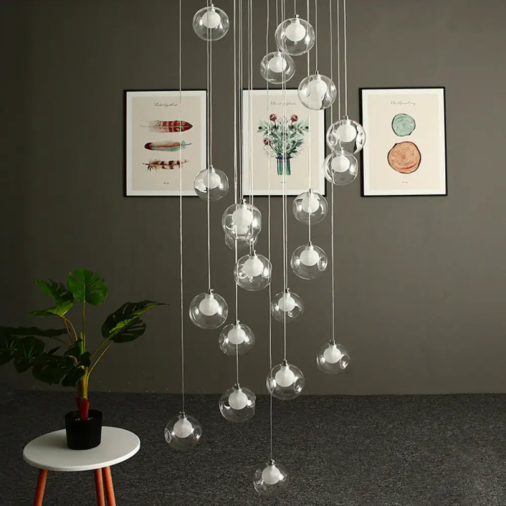 Modernist Glass Pendant Light With 16 Clear Dimpled Balls In White