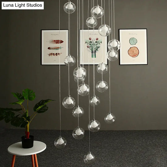 Modernist Ball Clear Dimpled Glass Multi Lamp Pendant With 16 Hanging Heads - White