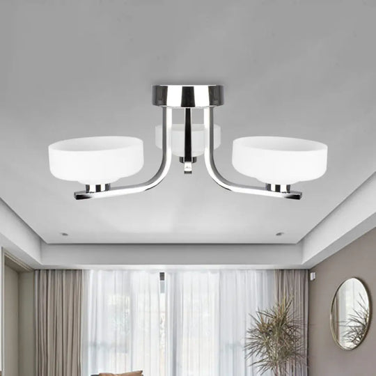 Modernist Glass Semi Flushmount Ceiling Light - 3 Head Chrome Led Fixture White