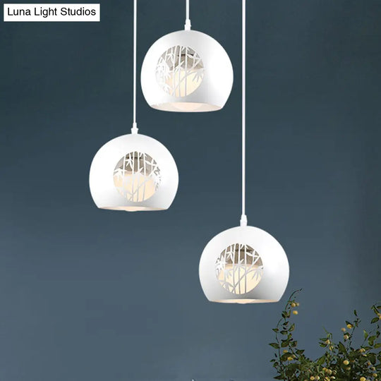 Modernist Global Pendant Iron Lamp In White With Laser Cut Bamboo Pattern - 3-Light Dining Room