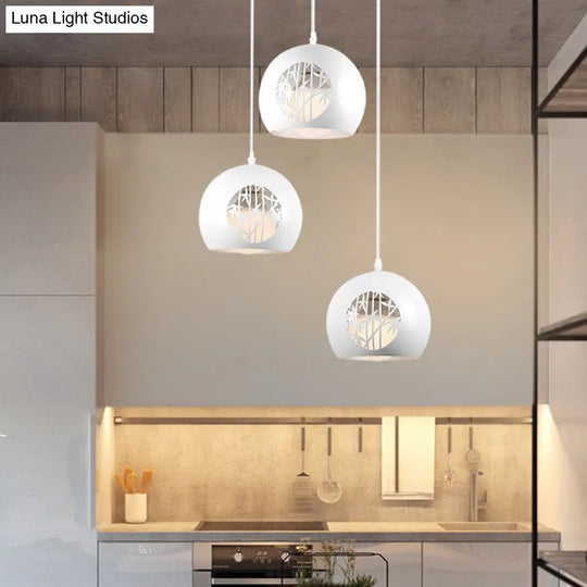 Modernist Global Pendant Iron Lamp In White With Laser Cut Bamboo Pattern - 3-Light Dining Room