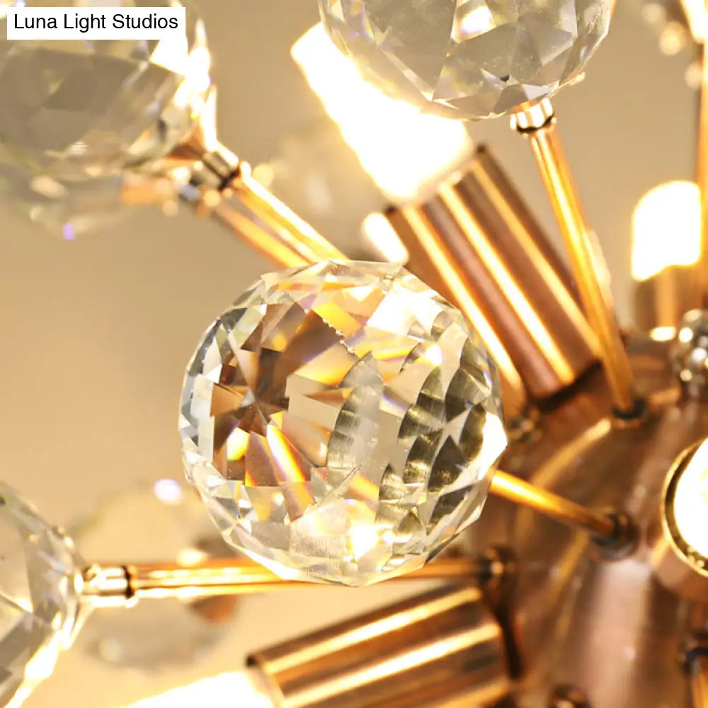 Modernist Globe Semi-Flush Mount Crystal Ceiling Light Fixture With Brass Finish - 6 Bulbs