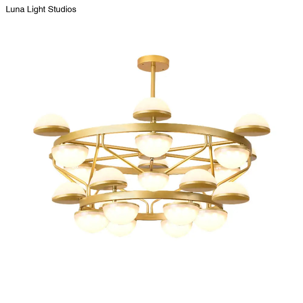 Modernist Gold 24-Bulb Semi-Circle Chandelier For Living Room Ceiling - Cream Glass Pendant Light