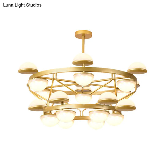 Modernist Gold 24-Bulb Semi-Circle Chandelier For Living Room Ceiling - Cream Glass Pendant Light