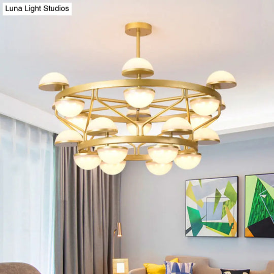 Modernist Gold Semicircle Chandelier Pendant Light For Living Room - Cream Glass 24-Bulb Ceiling