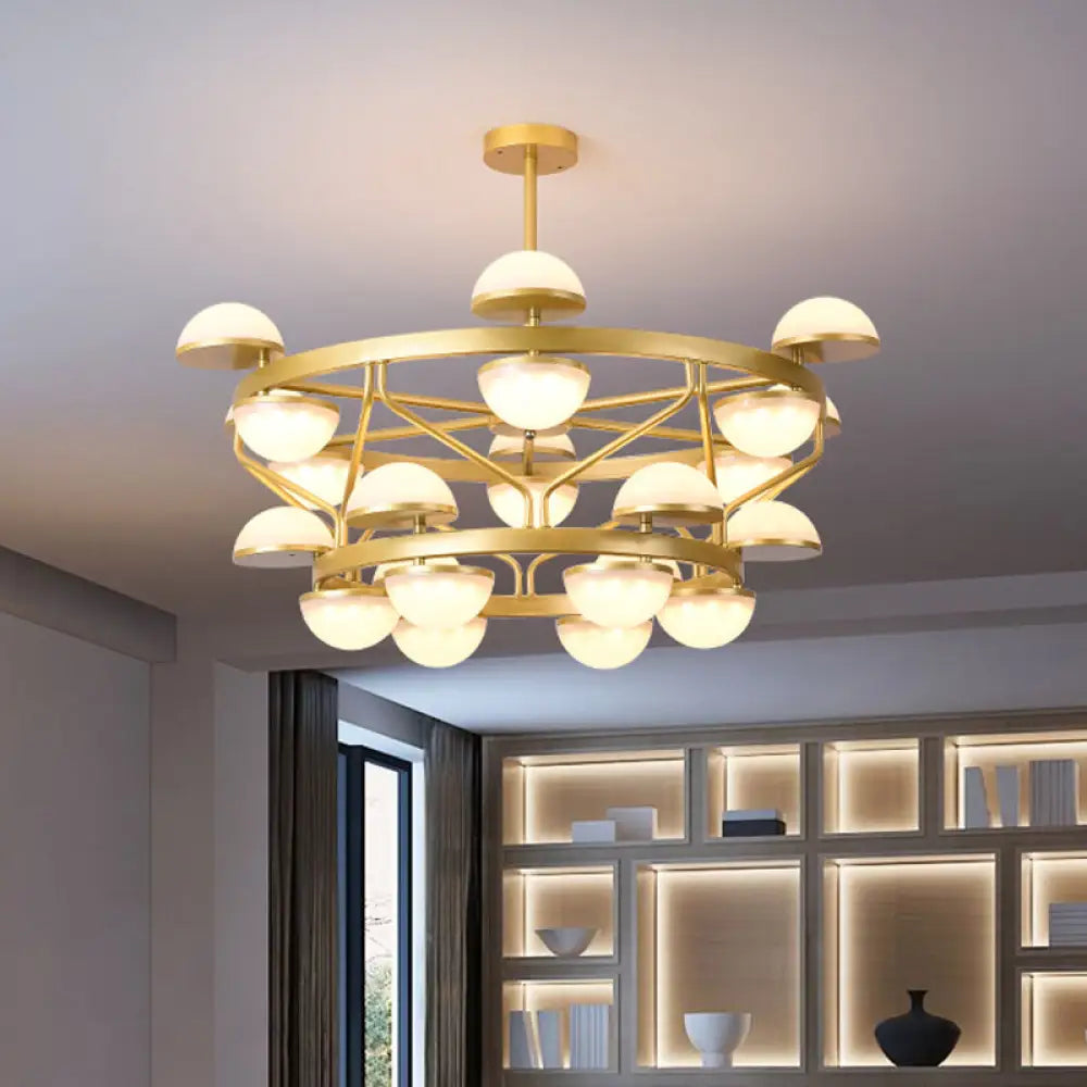 Modernist Gold 24-Bulb Semi-Circle Chandelier For Living Room Ceiling - Cream Glass Pendant Light