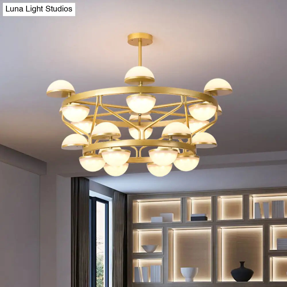 Modernist Gold Semicircle Chandelier Pendant Light For Living Room - Cream Glass 24-Bulb Ceiling