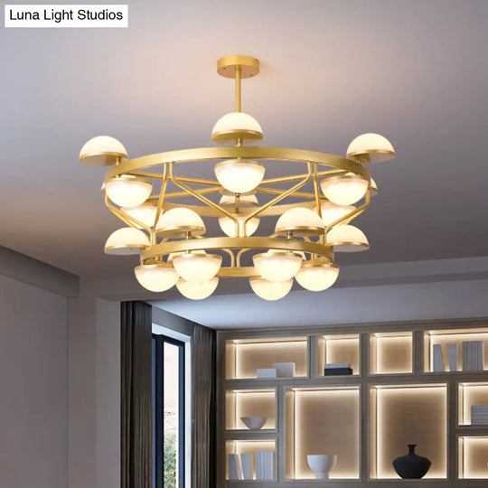 Modernist Gold Semicircle Chandelier Pendant Light For Living Room - Cream Glass 24-Bulb Ceiling