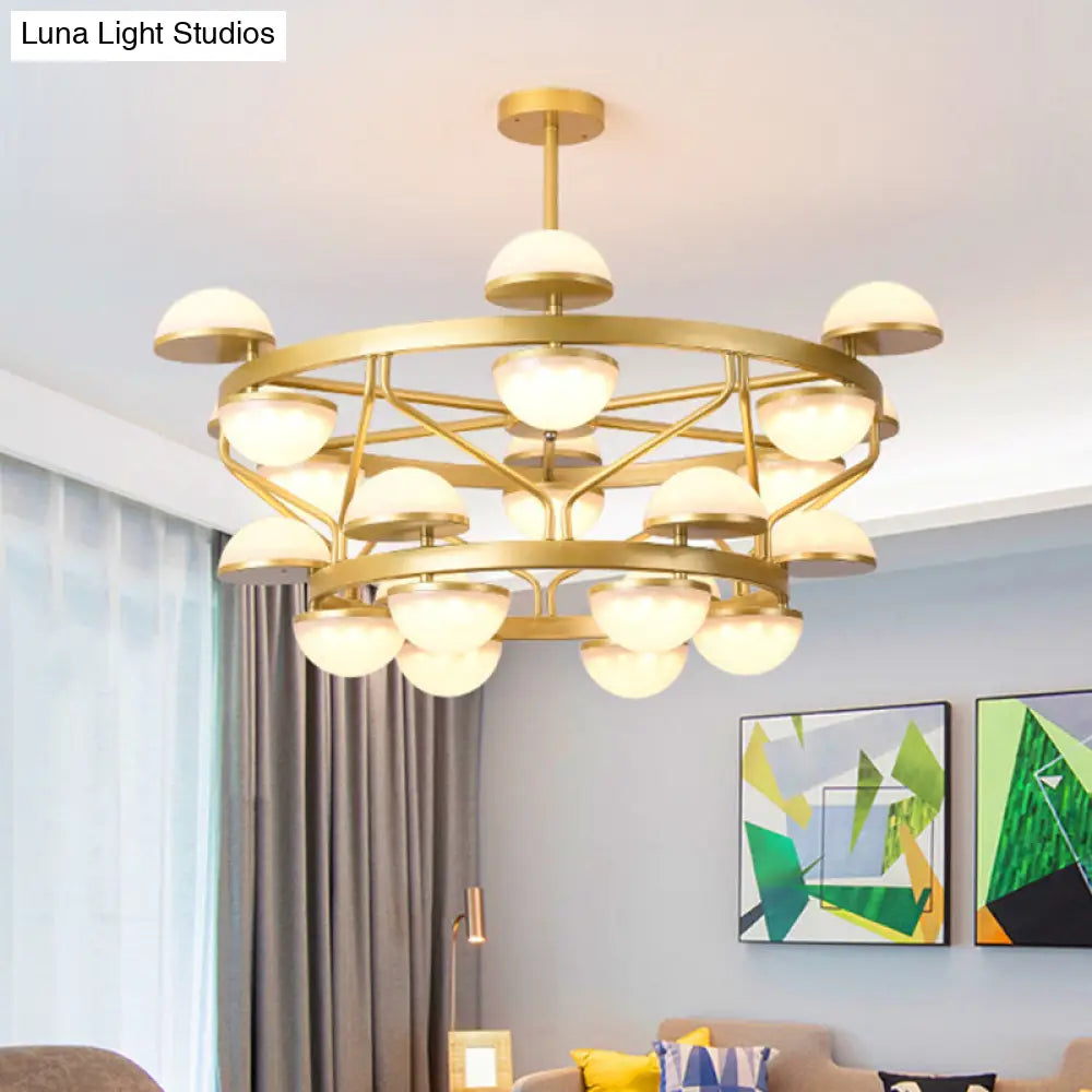 Modernist Gold 24-Bulb Semi-Circle Chandelier For Living Room Ceiling - Cream Glass Pendant Light