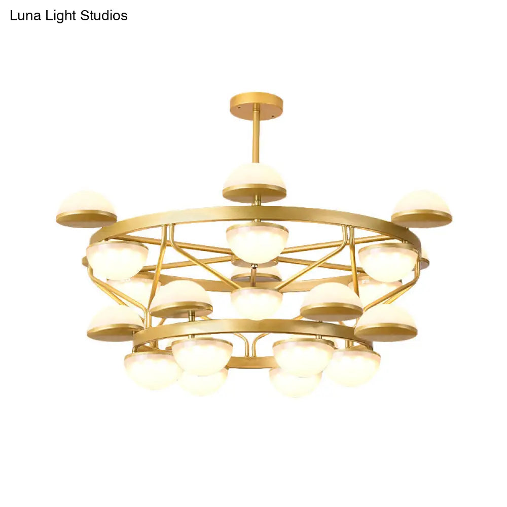 Modernist Gold Semicircle Chandelier Pendant Light For Living Room - Cream Glass 24-Bulb Ceiling