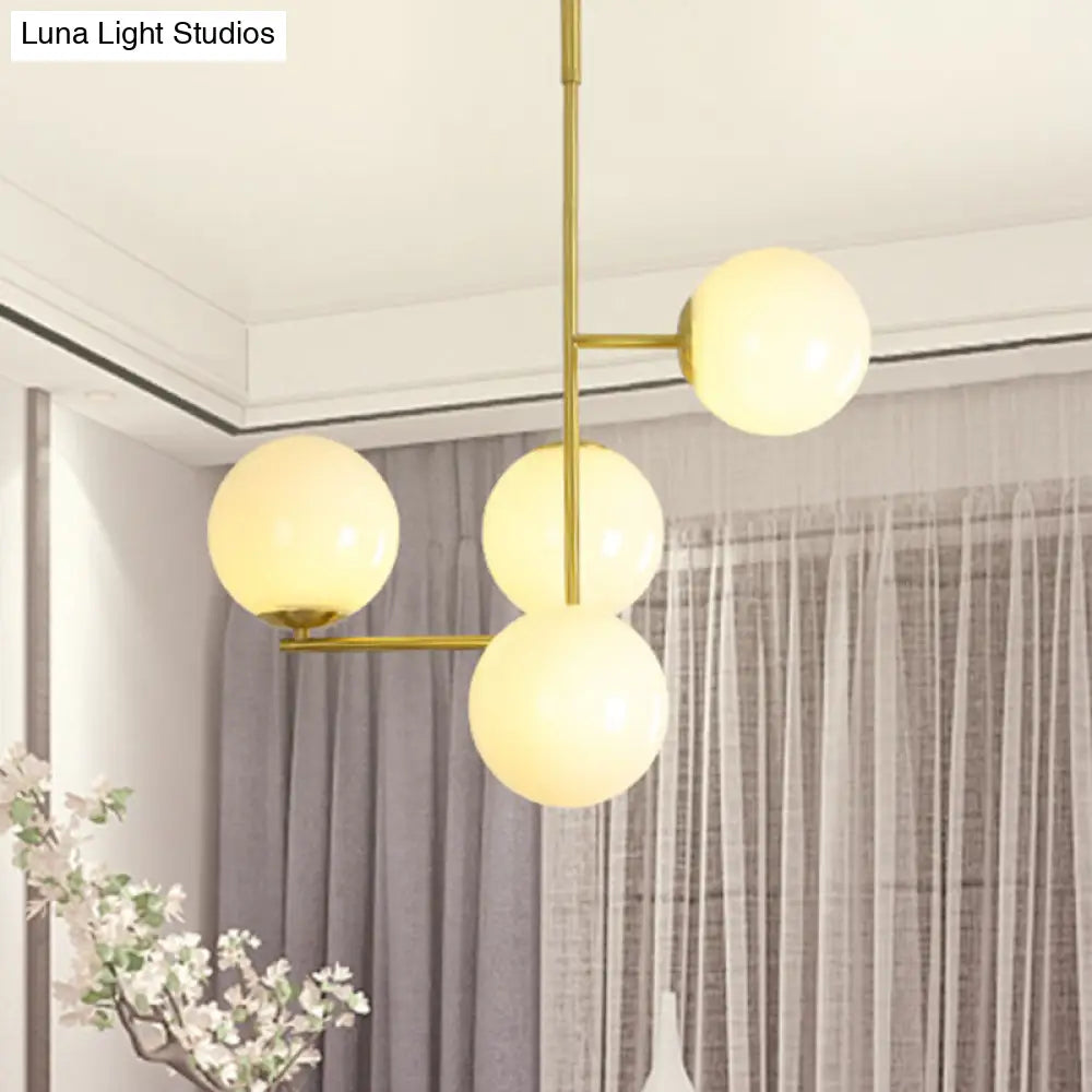 Gold Ball Ceiling Hanging Light Modernist 4 Heads Pendant Chandelier With Milky Glass Shade