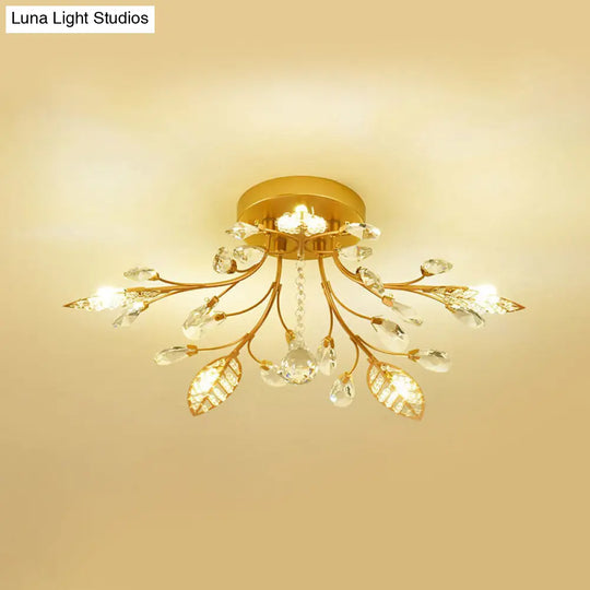 Modernist Gold Branch Ceiling Fixture With Faceted Crystal Semi Flush Mount Lighting - 5 Or 8 Bulbs