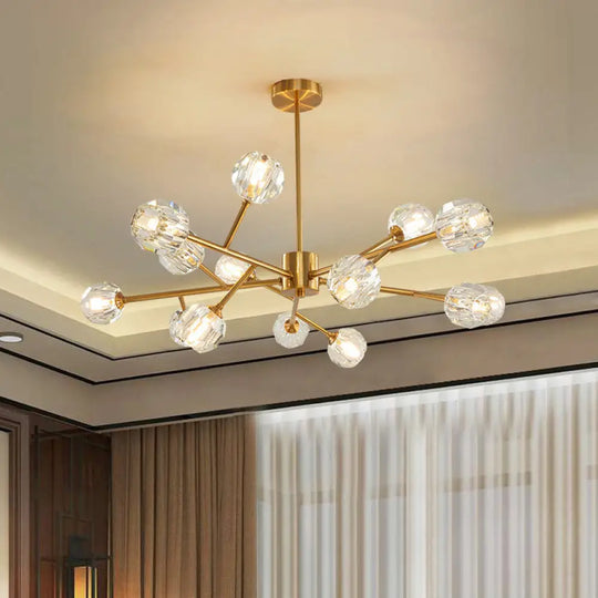 Modernist Gold Ceiling Chandelier With Crystal Shade - 15-Bulb Living Room Suspension Light