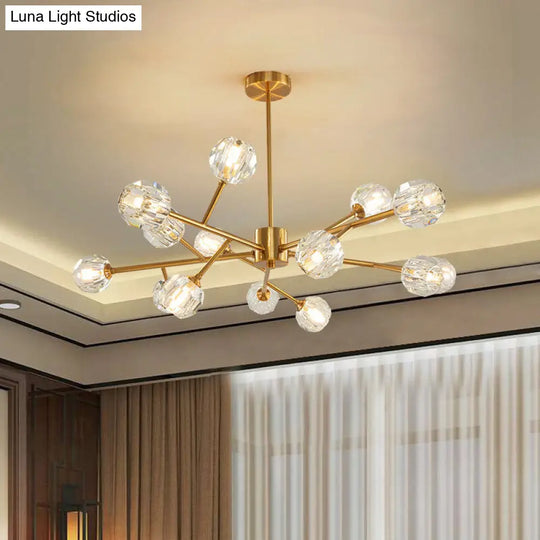 Modernist Gold Ceiling Chandelier With Crystal Shade - 15-Bulb Living Room Suspension Light