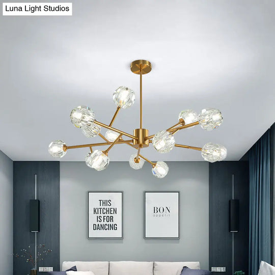 Modernist Gold Ceiling Chandelier With Crystal Shade - 15-Bulb Living Room Suspension Light