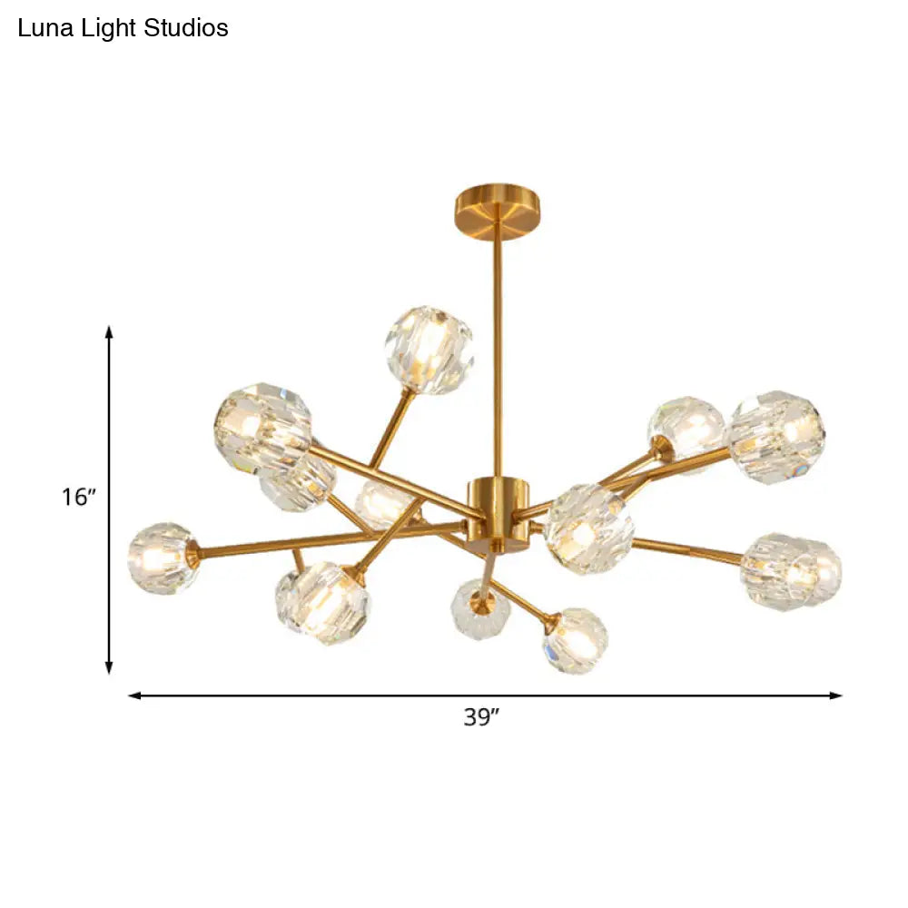 Modernist Gold Ceiling Chandelier With Crystal Shade - 15-Bulb Living Room Suspension Light