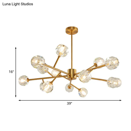 Modernist Gold Ceiling Chandelier With Crystal Shade - 15-Bulb Living Room Suspension Light