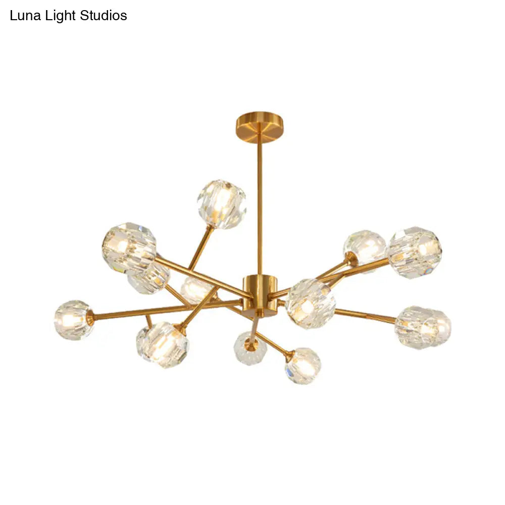 Modernist Gold Ceiling Chandelier With Crystal Shade - 15-Bulb Living Room Suspension Light